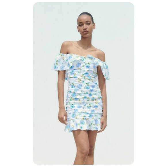 Zara Linen Blend White Blue Floral Off The Shoulder Mini Dress sz S - Picture 1 of 9